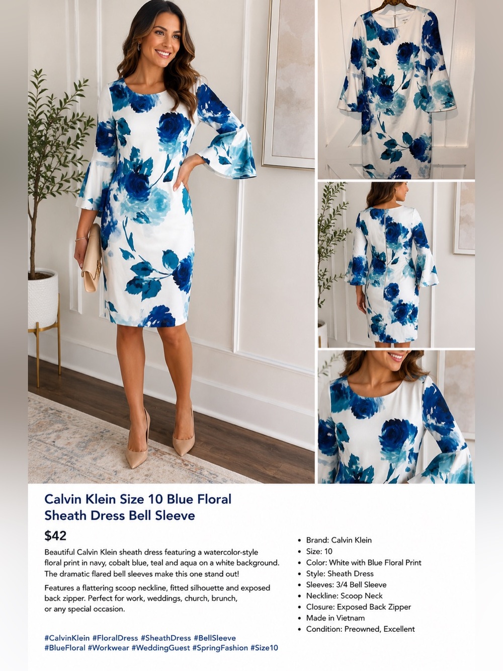 Calvin Klein Size 10 Blue Floral Sheath Dress Bell Sleeve Career Wedding